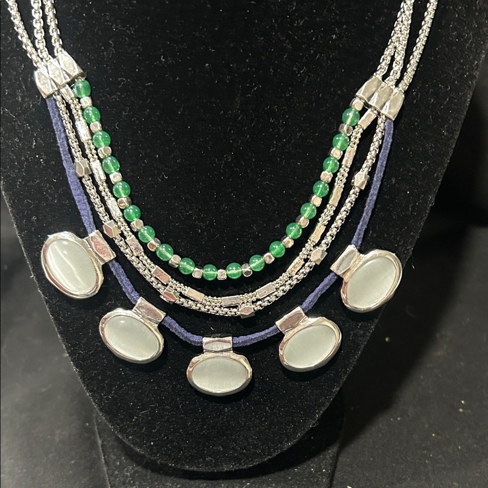 Christopher & Banks Silver and Green Beaded Necklace